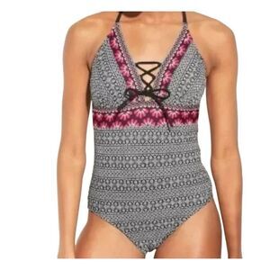 Women’s Kona Sol Lace Up Front Multicolor One Piece Medium Coverage Swimsuit Siz